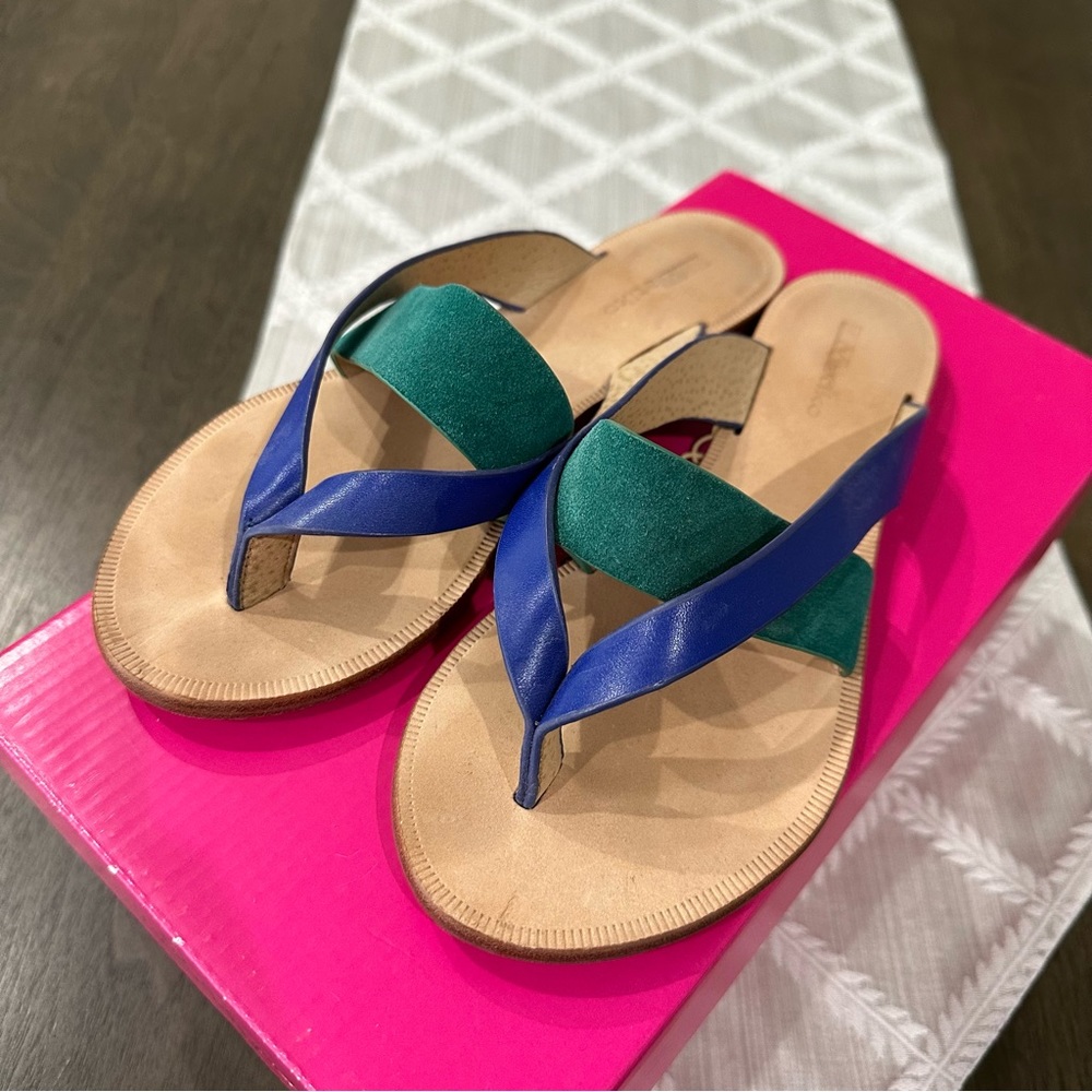 Matiko Blue and Green Cross-Strap Slide Sandals